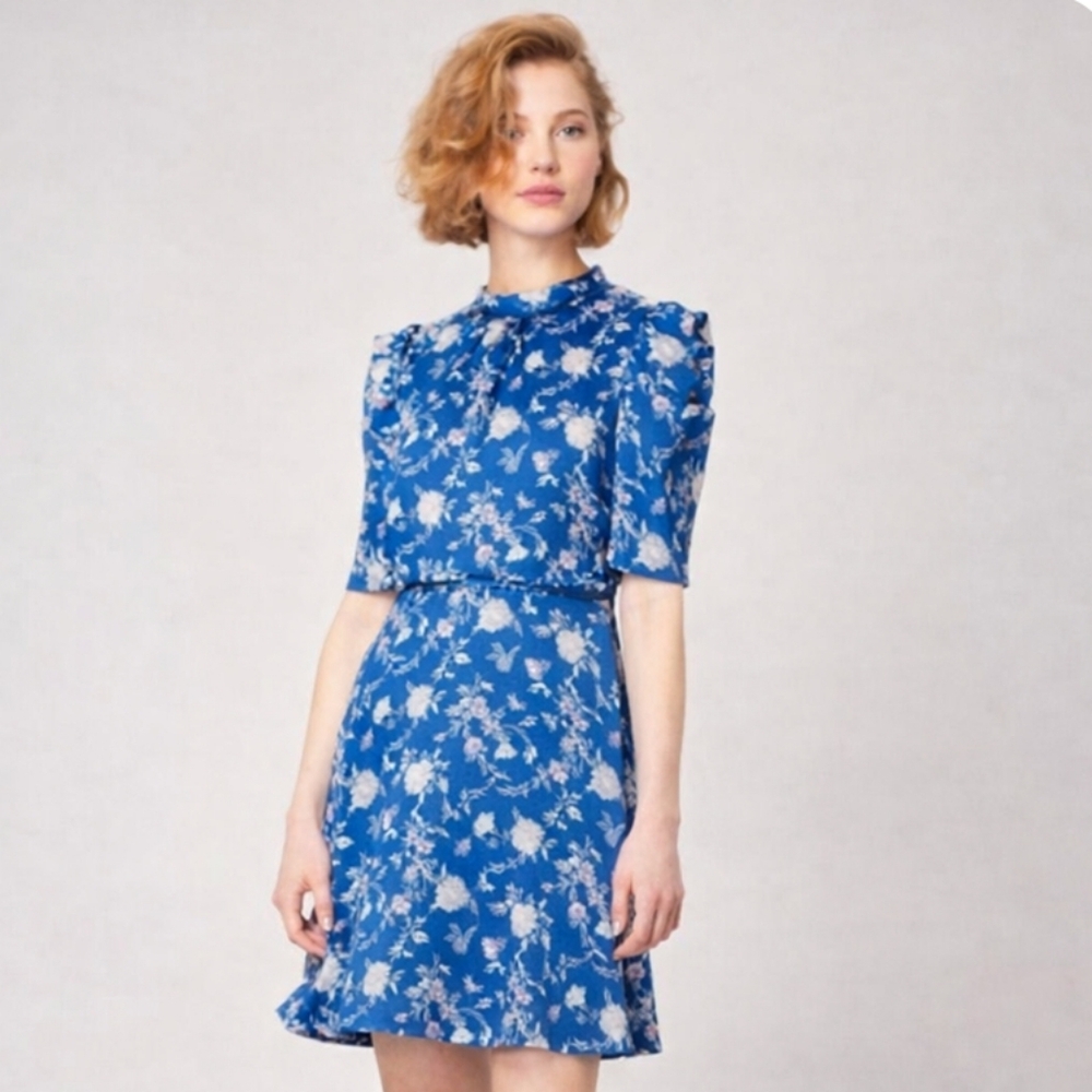 Blue Floral Midi Dress with High Collar